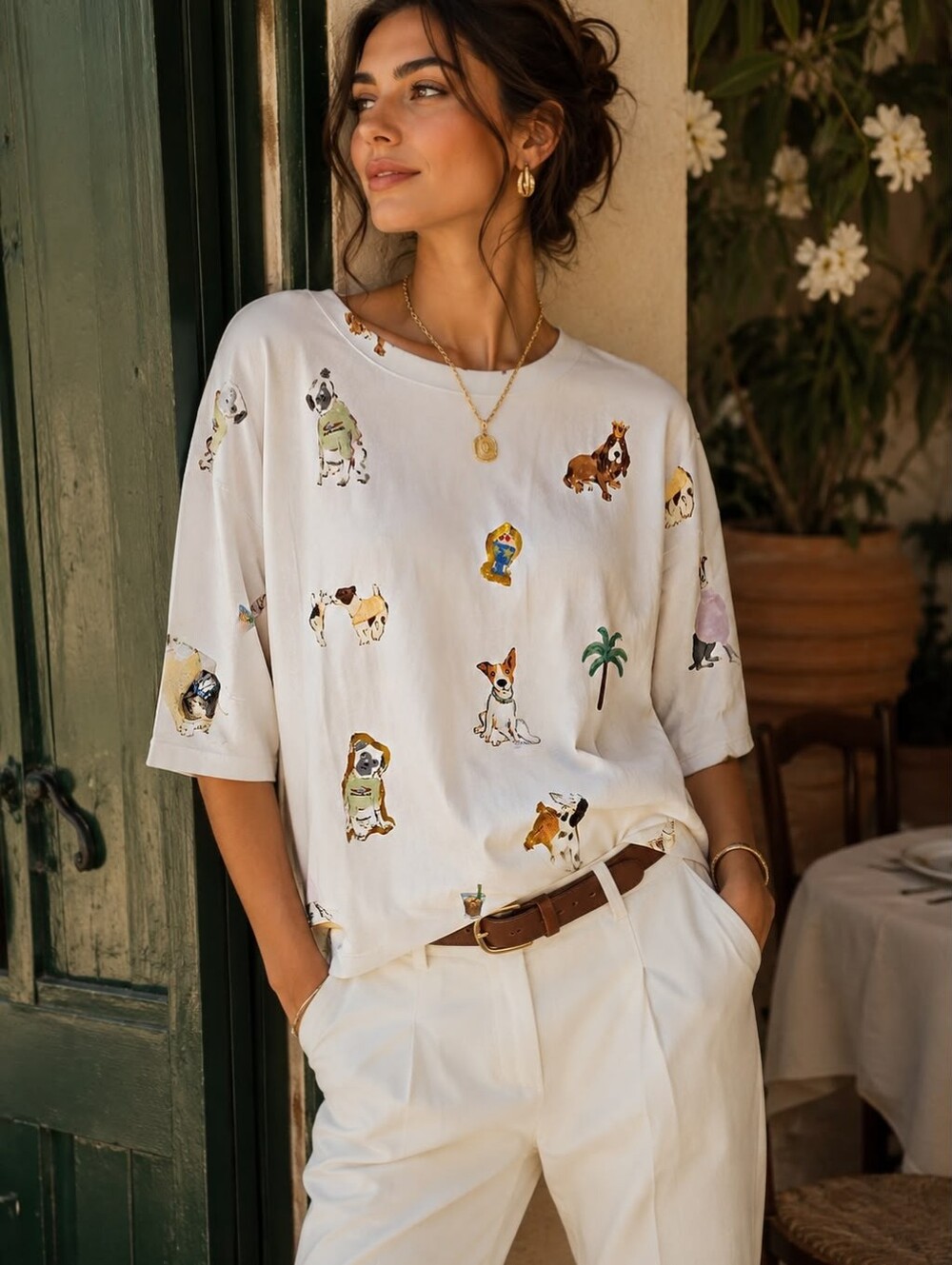 Made In Italy Cotton Blend White Dog Print Short Sleeve Top